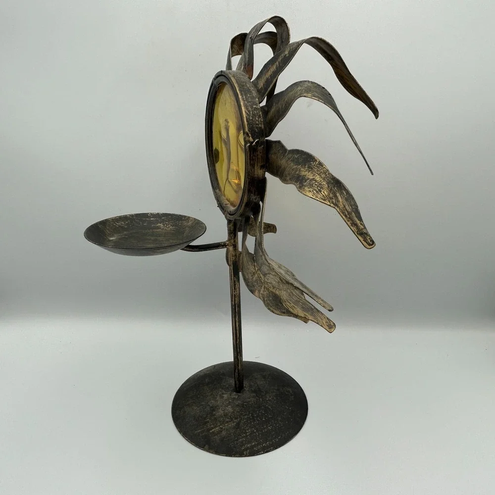 Celestial Sun 90s Y2K Face Metal Bronze Candle Holder Stand Amber Glass Zodiac
